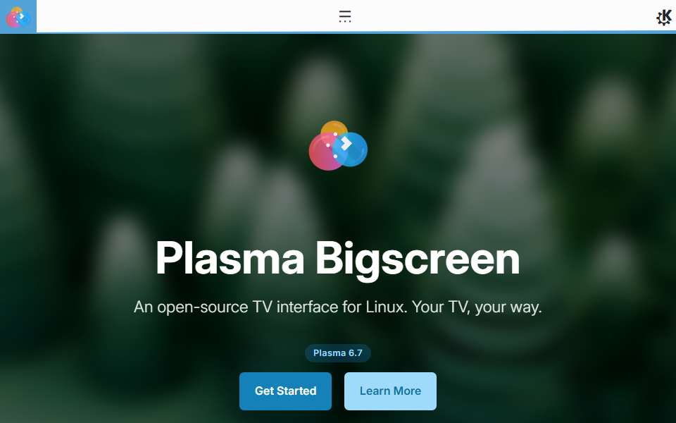 Screenshot of plasma-bigscreen.org captured 2026-07-20