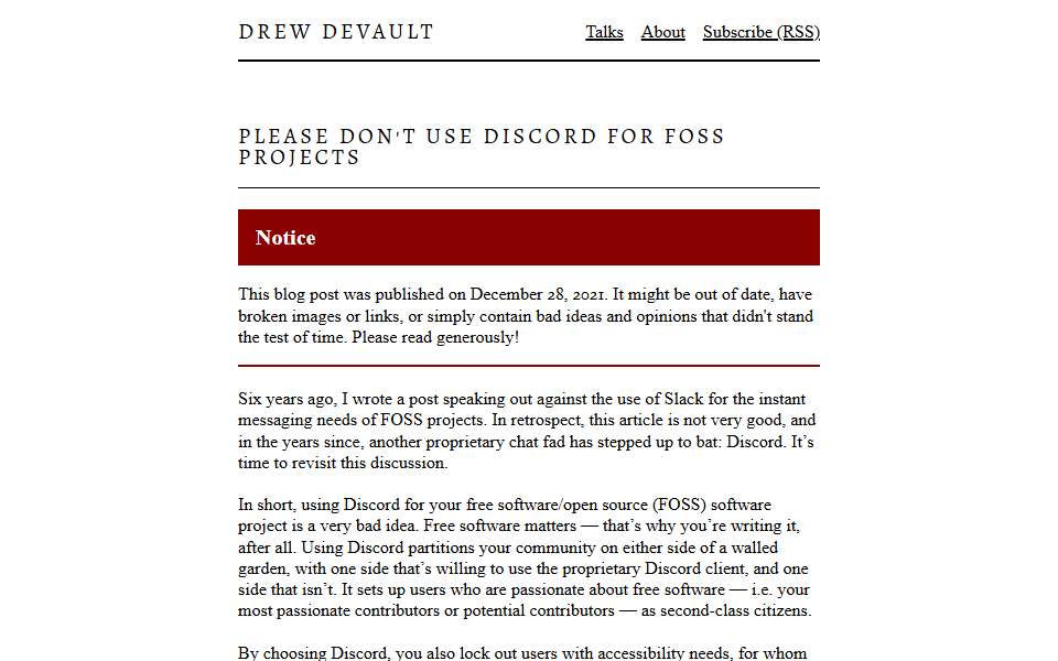 Screenshot of drewdevault.com captured 2026-07-20