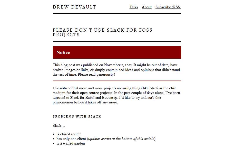 Screenshot of drewdevault.com captured 2026-07-20