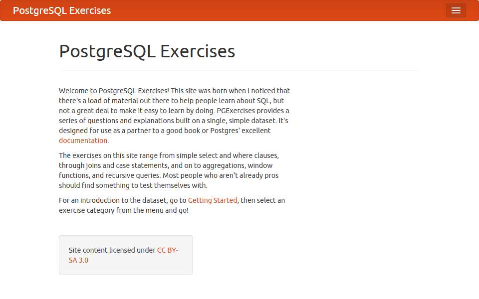 Screenshot of pgexercises.com captured 2026-07-20