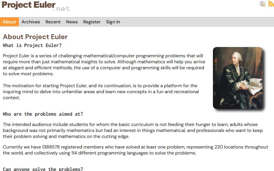Screenshot of projecteuler.net captured 2026-07-20