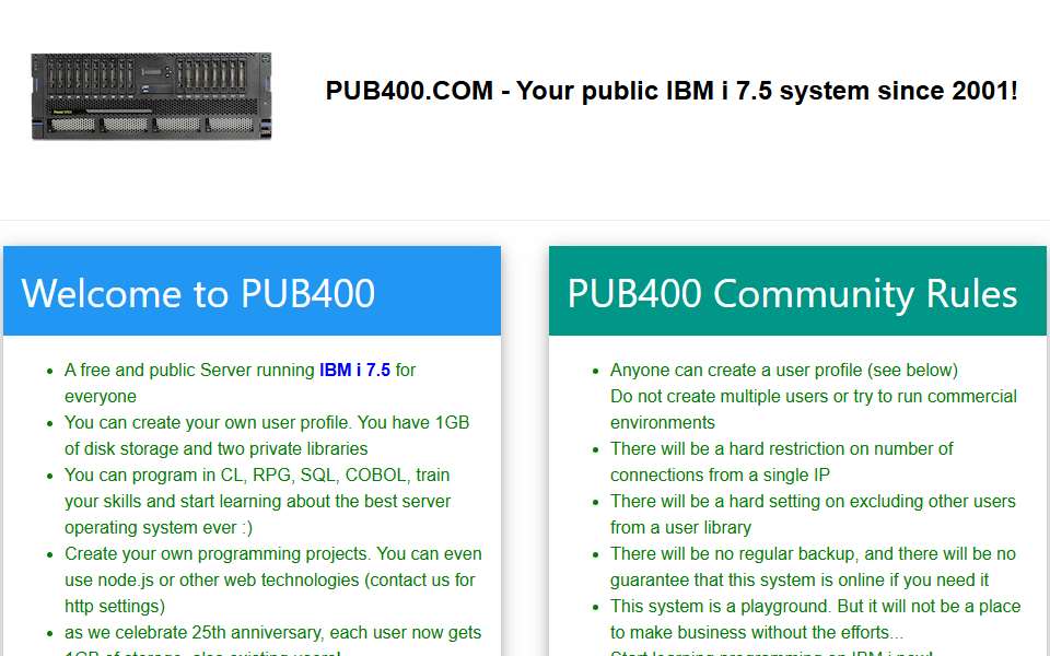 Screenshot of pub400.com captured 2026-07-20