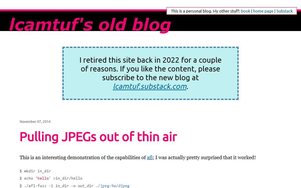 Screenshot of lcamtuf.blogspot.com captured 2026-07-20