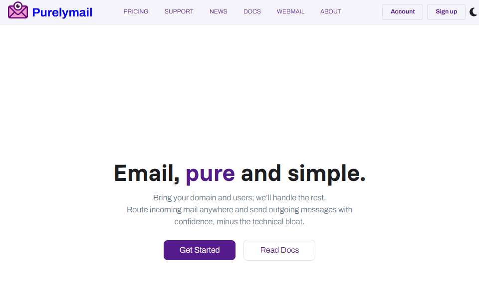 Screenshot of purelymail.com captured 2026-07-20