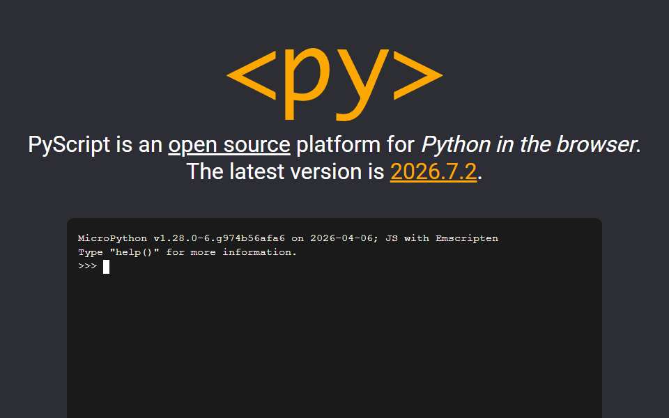 Screenshot of pyscript.net captured 2026-07-20