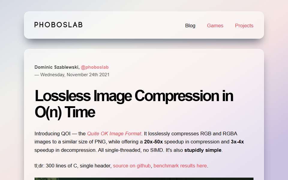 Screenshot of phoboslab.org captured 2026-07-20