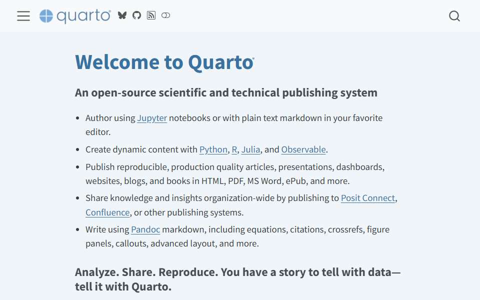 Screenshot of quarto.org captured 2026-07-20