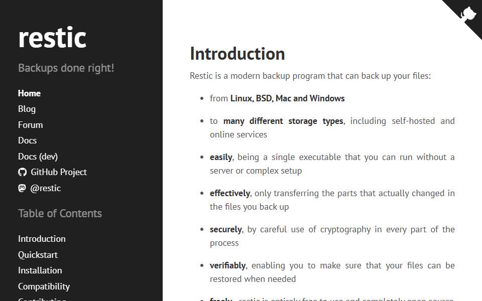 Screenshot of restic.net captured 2026-07-20