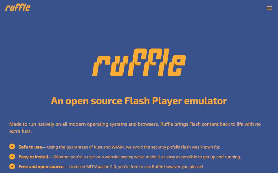 Screenshot of ruffle.rs captured 2026-07-20