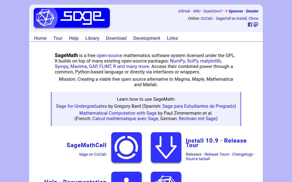 Screenshot of www.sagemath.org captured 2026-07-20