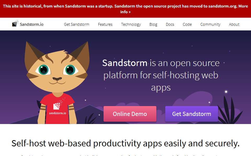 Screenshot of sandstorm.io captured 2026-07-20