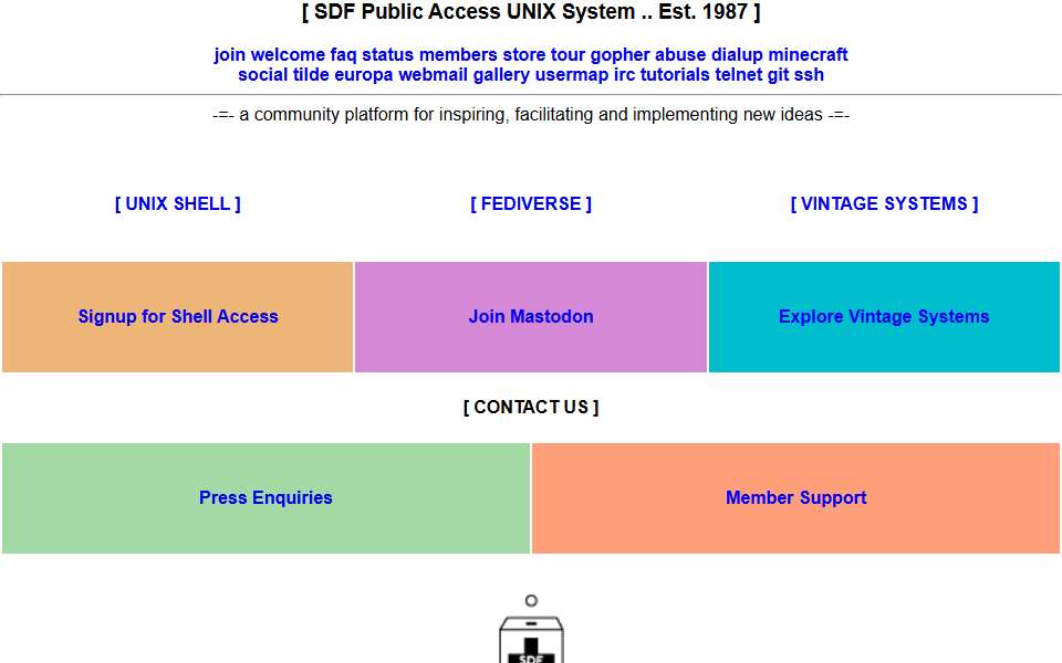 Screenshot of sdf.org captured 2026-07-20