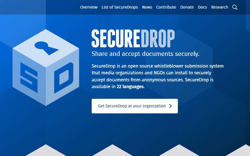 Screenshot of securedrop.org captured 2026-07-20