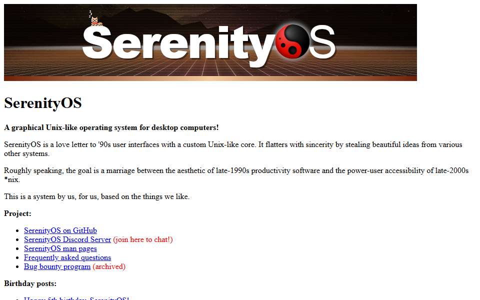 Screenshot of serenityos.org captured 2026-07-20