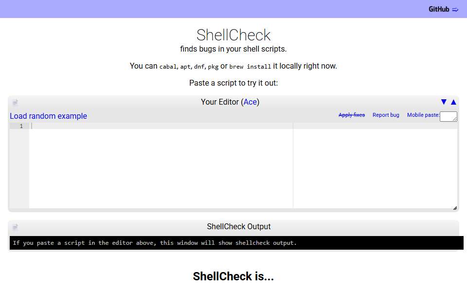 Screenshot of www.shellcheck.net captured 2026-07-20