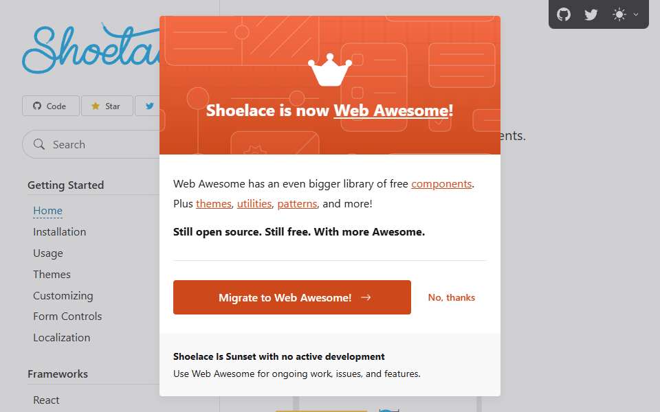 Screenshot of shoelace.style captured 2026-07-20