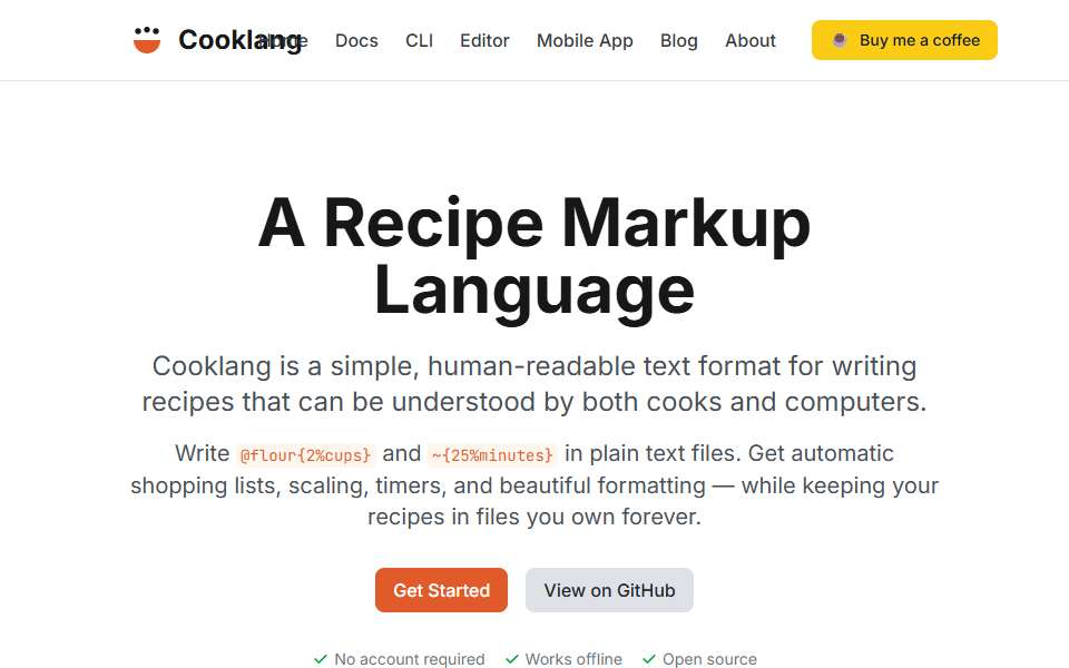 Screenshot of cooklang.org captured 2026-07-20