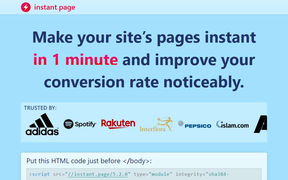 Screenshot of instant.page captured 2026-07-20