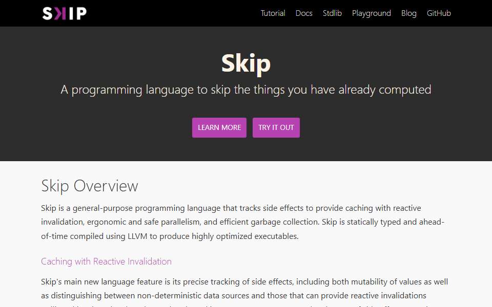 Screenshot of skiplang.com captured 2026-07-20