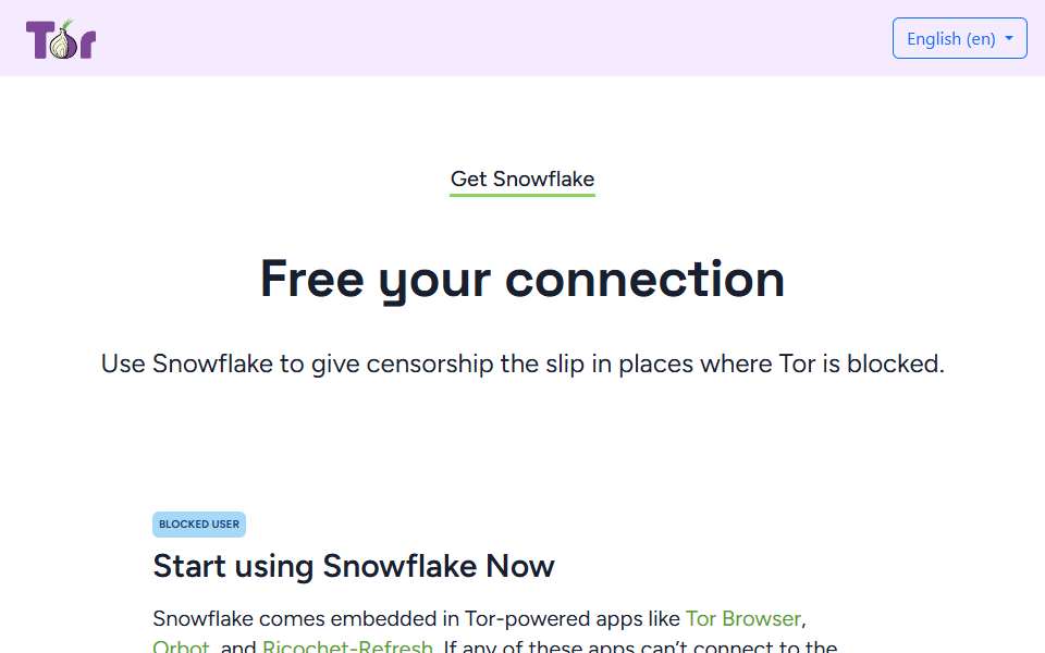 Screenshot of snowflake.torproject.org captured 2026-07-20