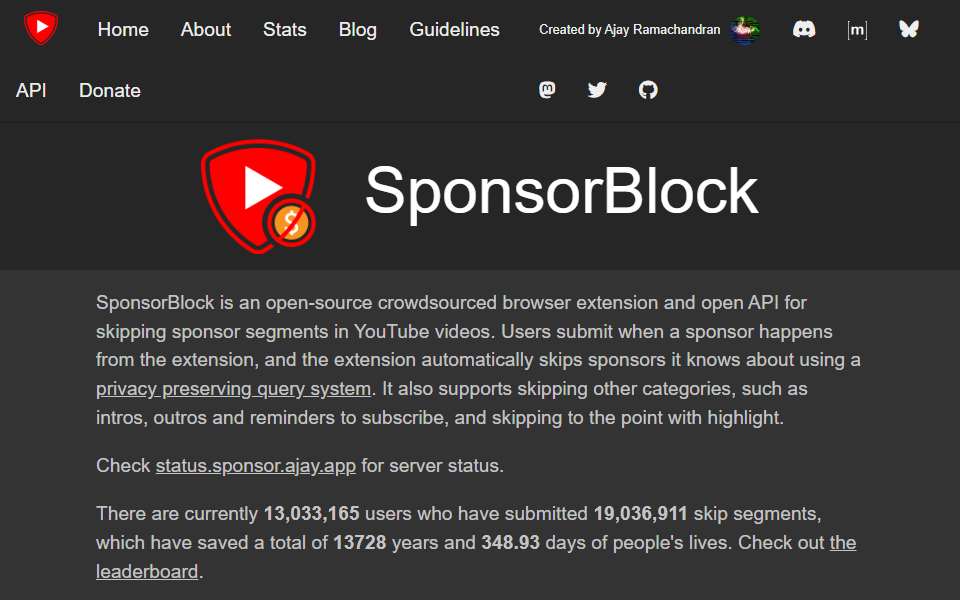 Screenshot of sponsor.ajay.app captured 2026-07-20