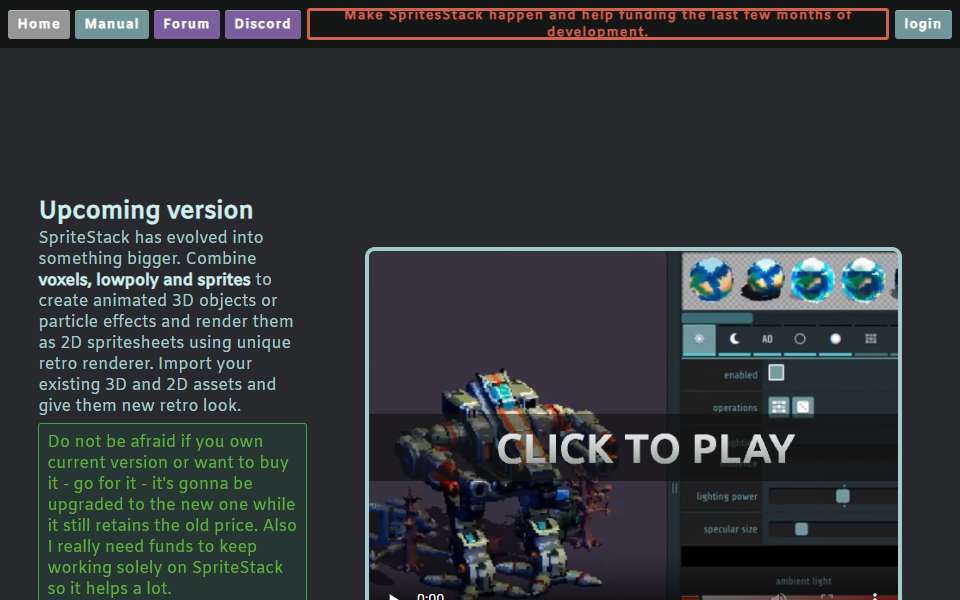 Screenshot of spritestack.io captured 2026-07-20