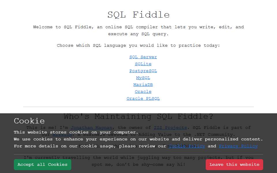 Screenshot of sqlfiddle.com captured 2026-07-20