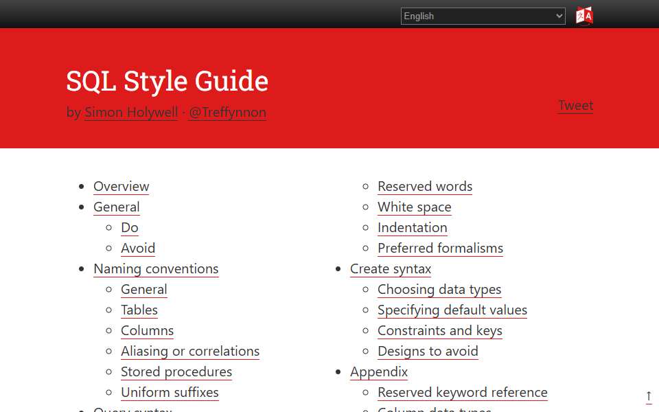 Screenshot of www.sqlstyle.guide captured 2026-07-20