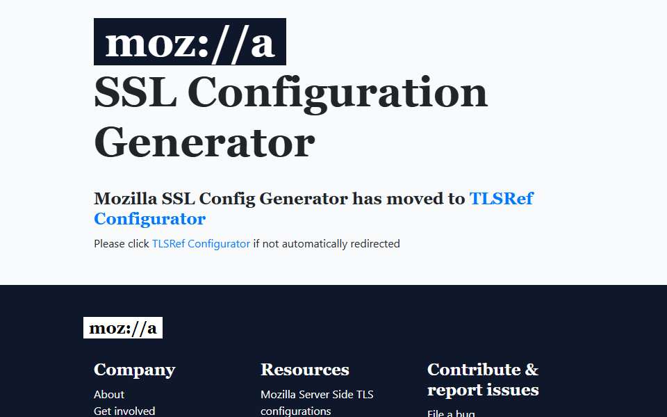 Screenshot of ssl-config.mozilla.org captured 2026-07-20