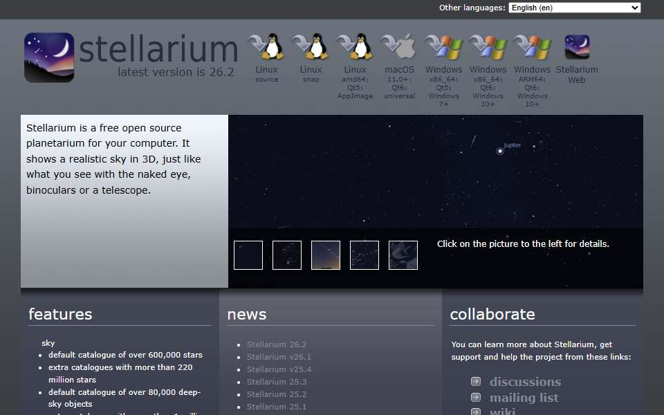 Screenshot of stellarium.org captured 2026-07-20