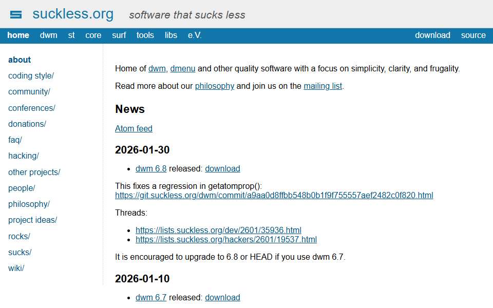 Screenshot of suckless.org captured 2026-07-20