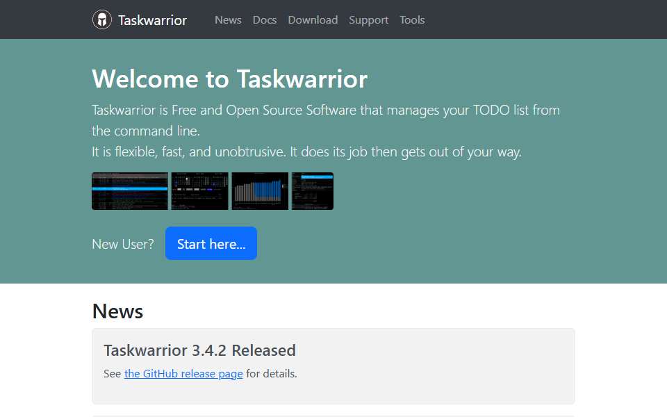 Screenshot of taskwarrior.org captured 2026-07-20
