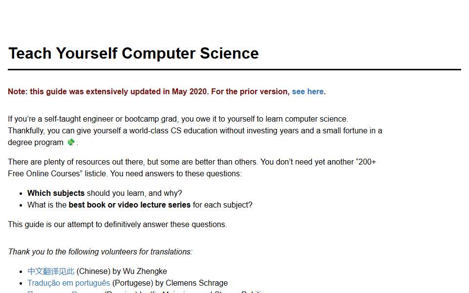 Screenshot of teachyourselfcs.com captured 2026-07-20
