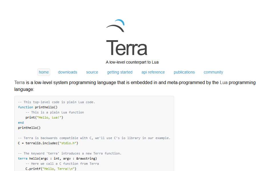 Screenshot of terralang.org captured 2026-07-20