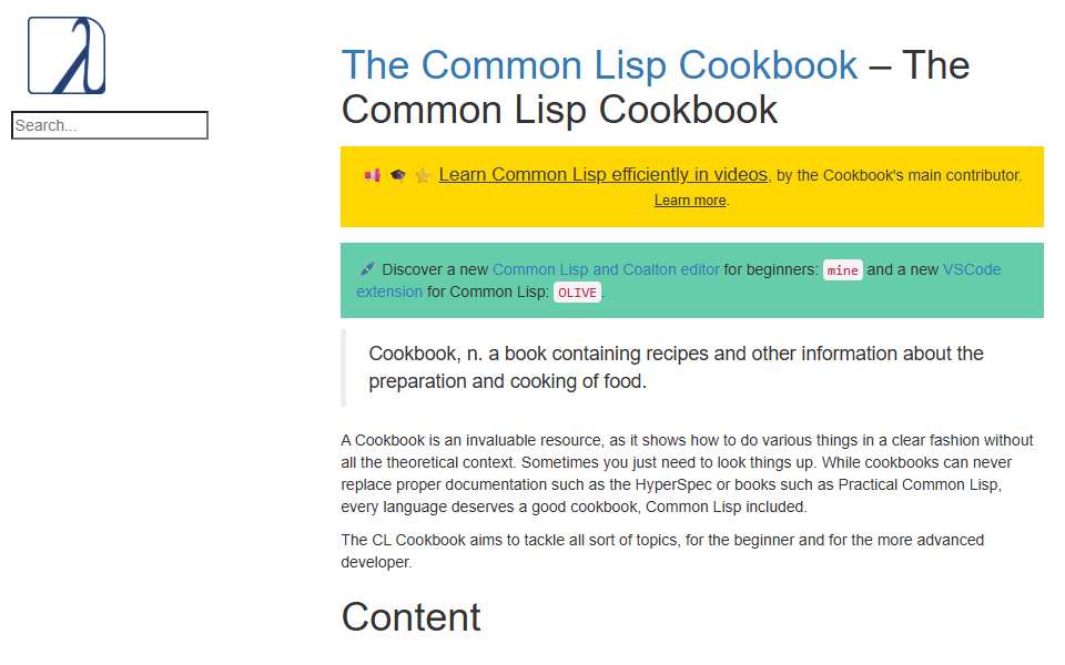 Screenshot of lispcookbook.github.io captured 2026-07-20