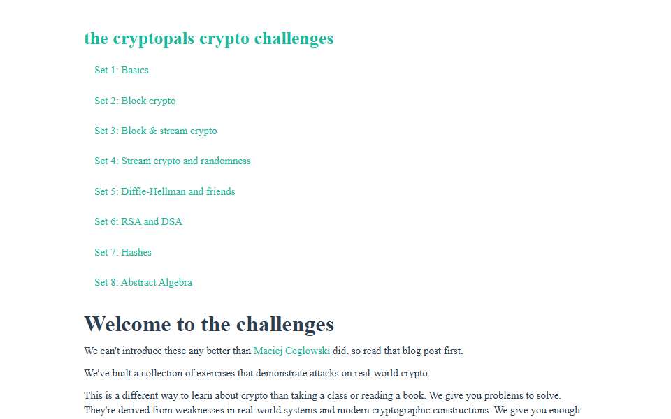 Screenshot of cryptopals.com captured 2026-07-20