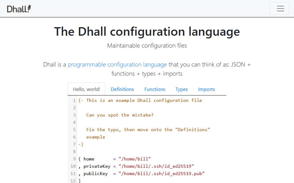 Screenshot of dhall-lang.org captured 2026-07-20