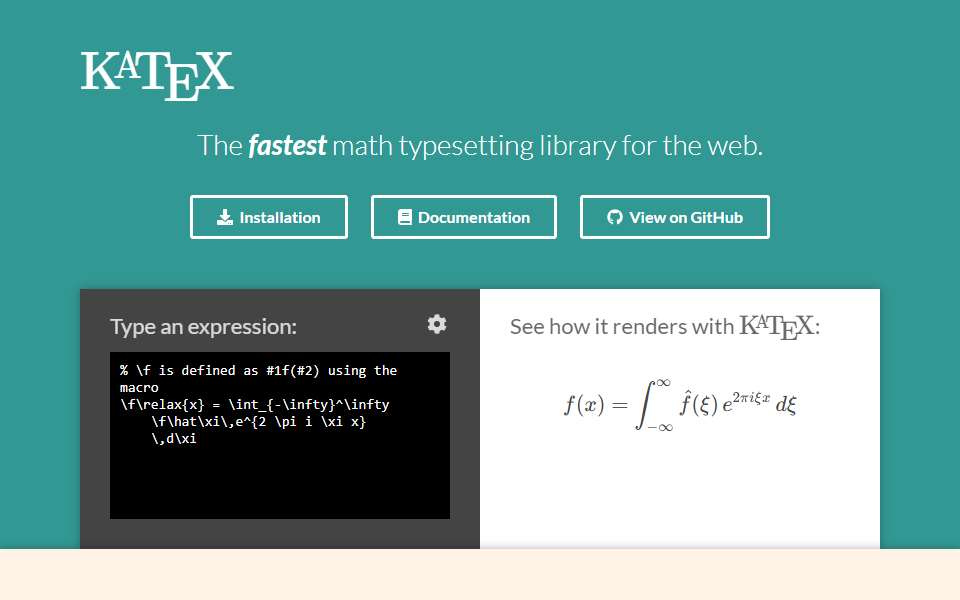 Screenshot of katex.org captured 2026-07-20