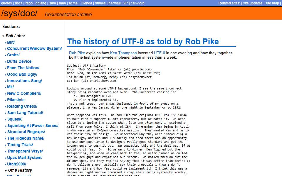 Screenshot of doc.cat-v.org captured 2026-07-20