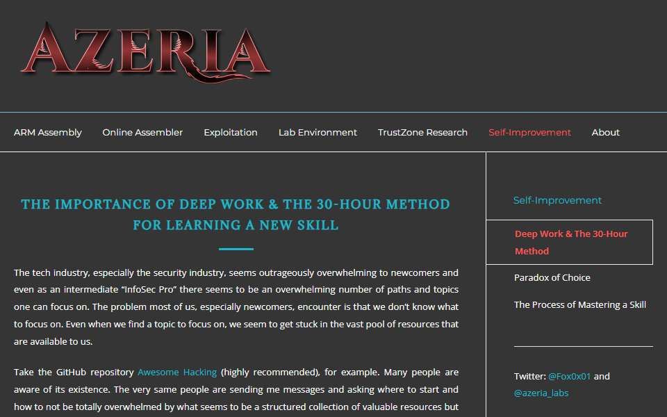 Screenshot of azeria-labs.com captured 2026-07-20