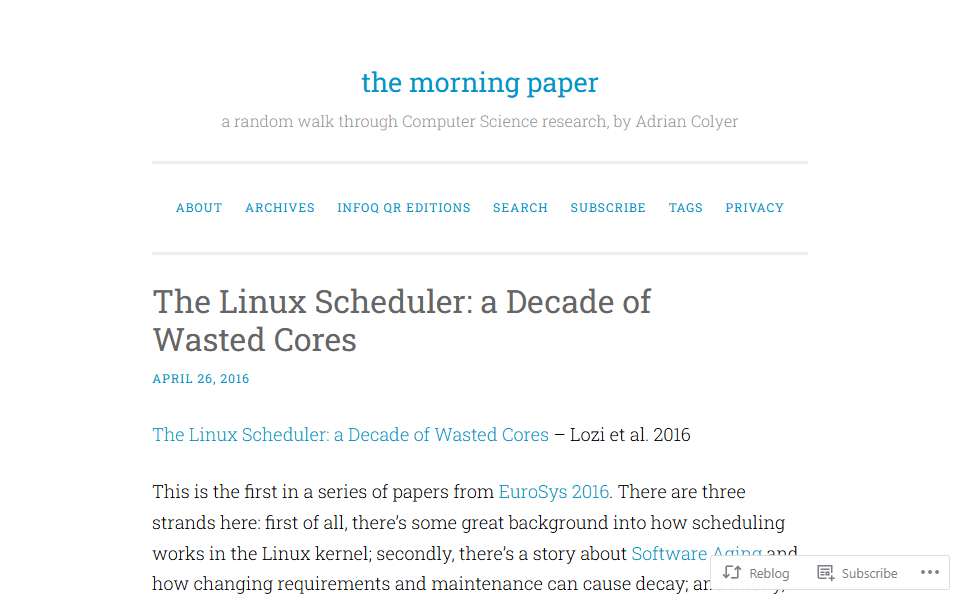 Screenshot of blog.acolyer.org captured 2026-07-20