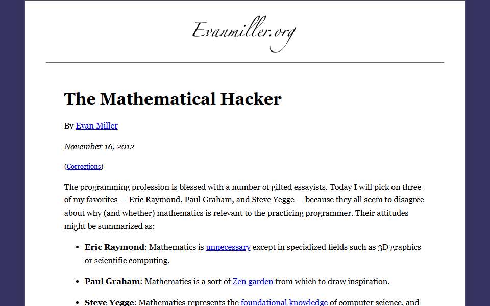 Screenshot of www.evanmiller.org captured 2026-07-20