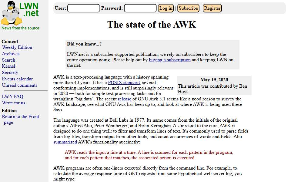 Screenshot of lwn.net captured 2026-07-20