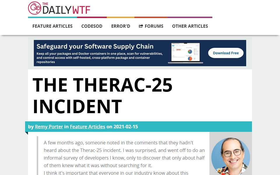 Screenshot of thedailywtf.com captured 2026-07-20