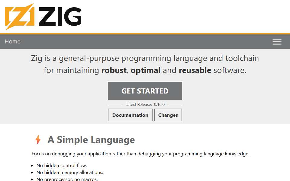 Screenshot of ziglang.org captured 2026-07-20