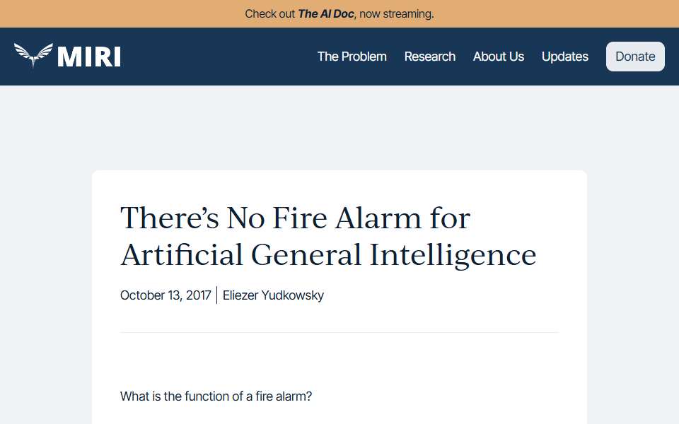 Screenshot of intelligence.org captured 2026-07-20