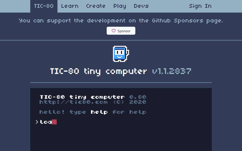Screenshot of tic80.com captured 2026-07-20