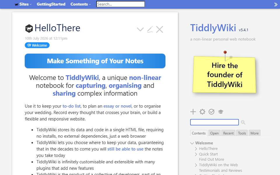 Screenshot of tiddlywiki.com captured 2026-07-20