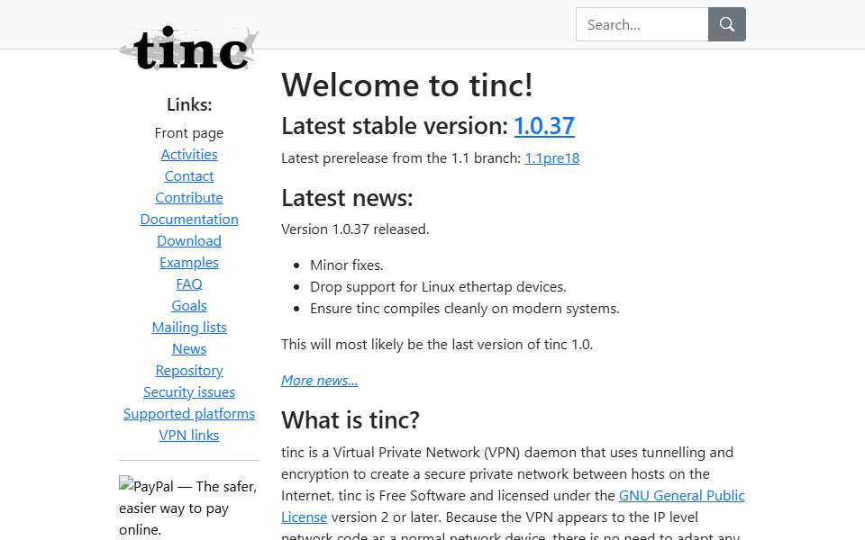 Screenshot of www.tinc-vpn.org captured 2026-07-20