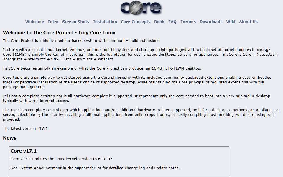 Screenshot of tinycorelinux.net captured 2026-07-20